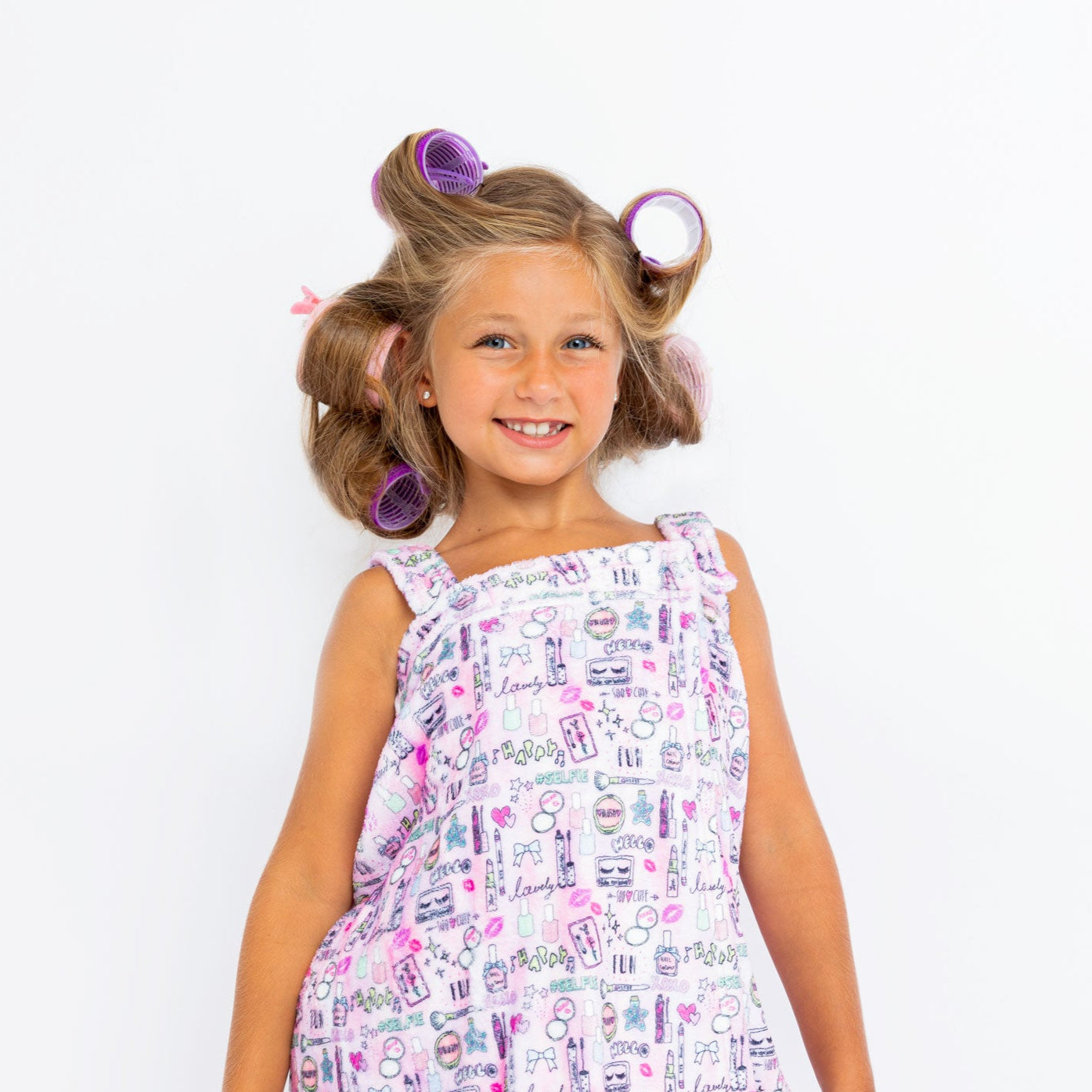 girls spa towel wrap with removable straps in a pink makeup beauty print