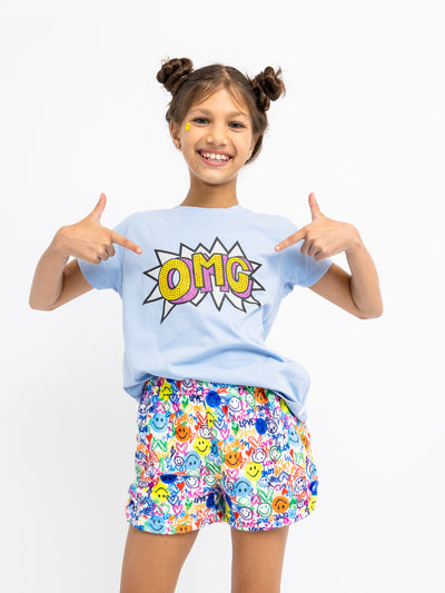 girls light blue short sleeve omg graphic t-shirt