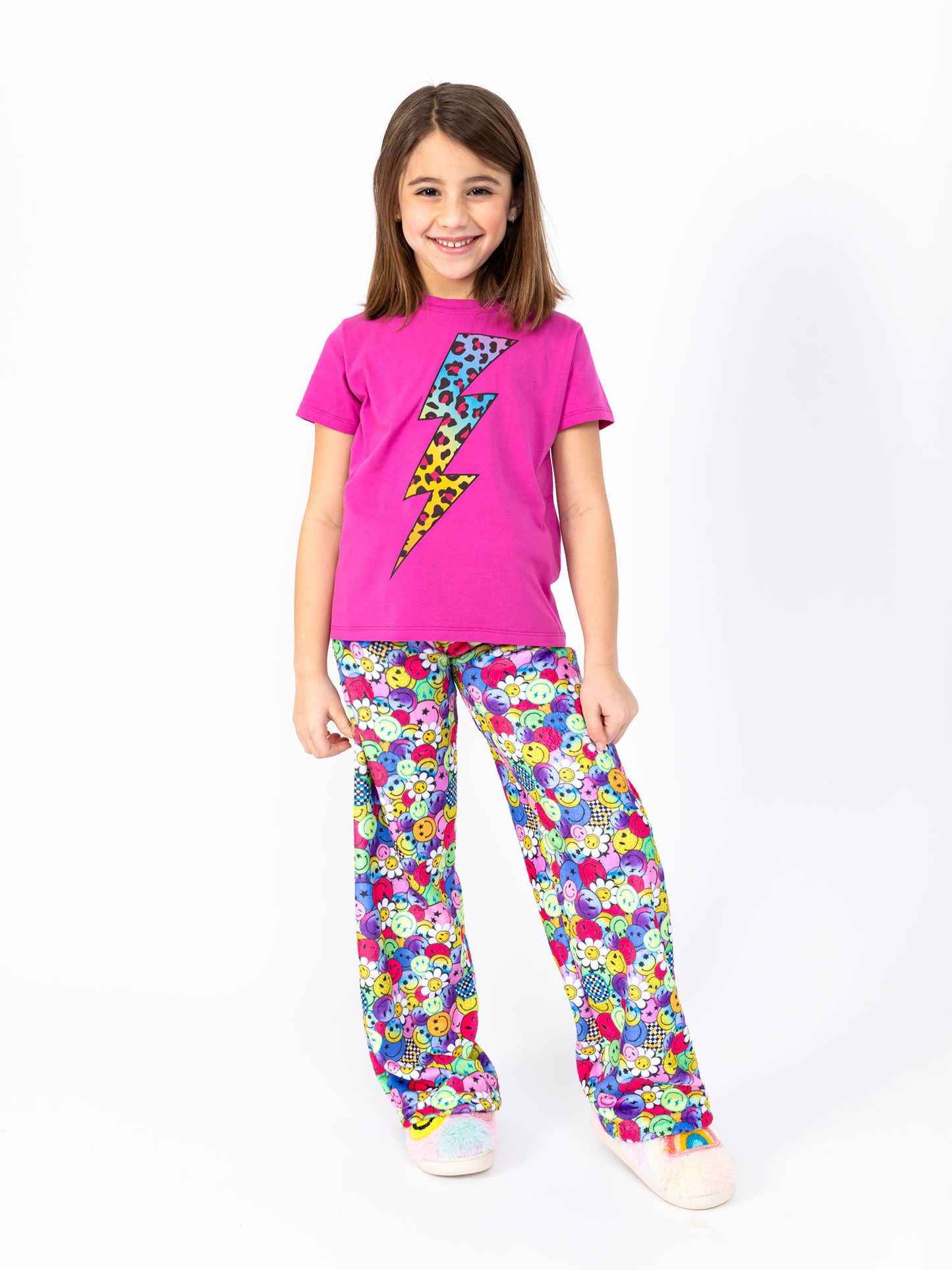 girls plush loungewear pant in smiley face print