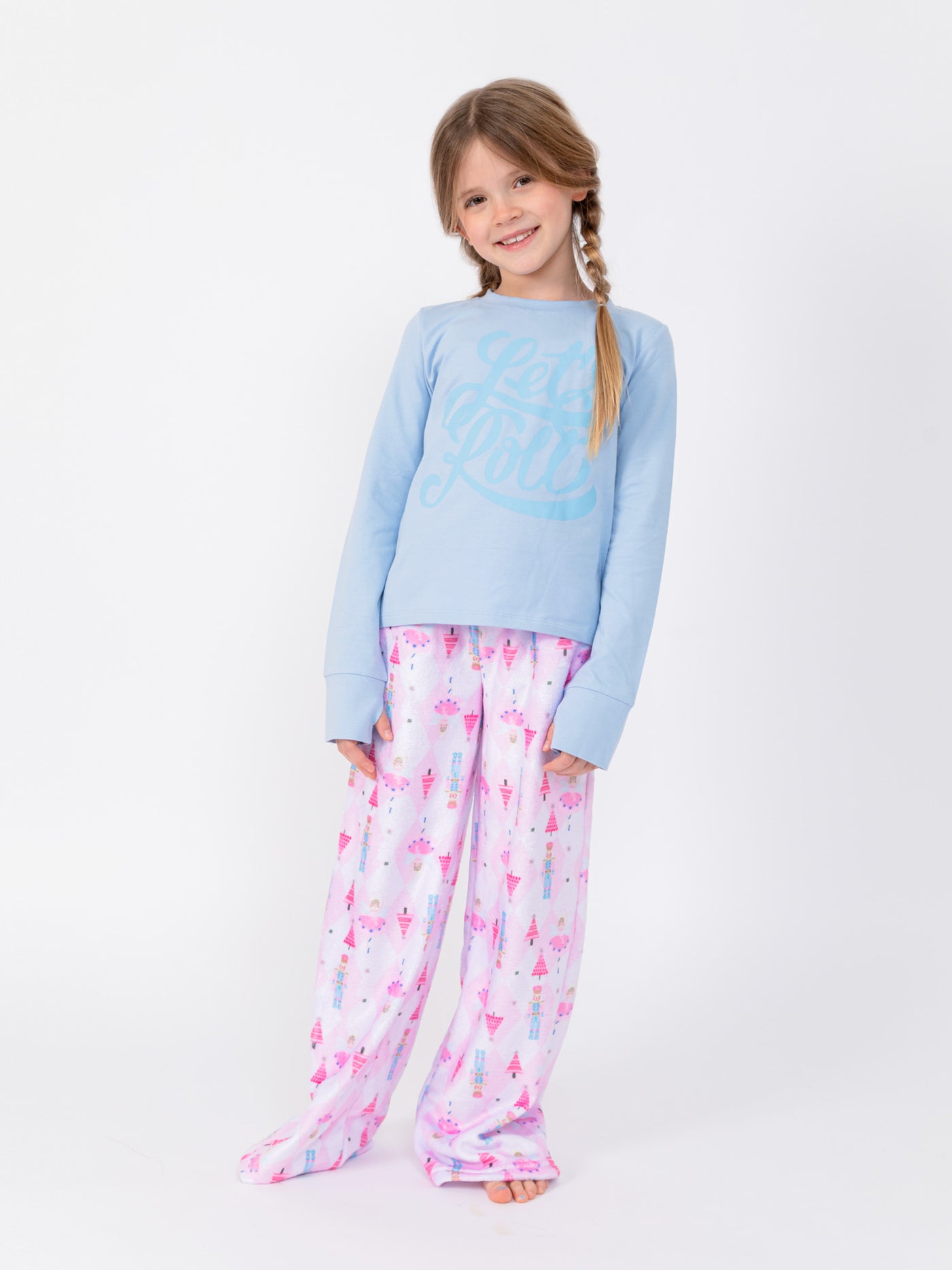 girls long sleeve light blue let’s roll graphic t-shirt
