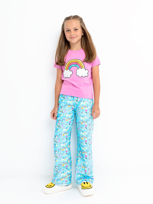 girls blue plush loungewear pant with rainbow print