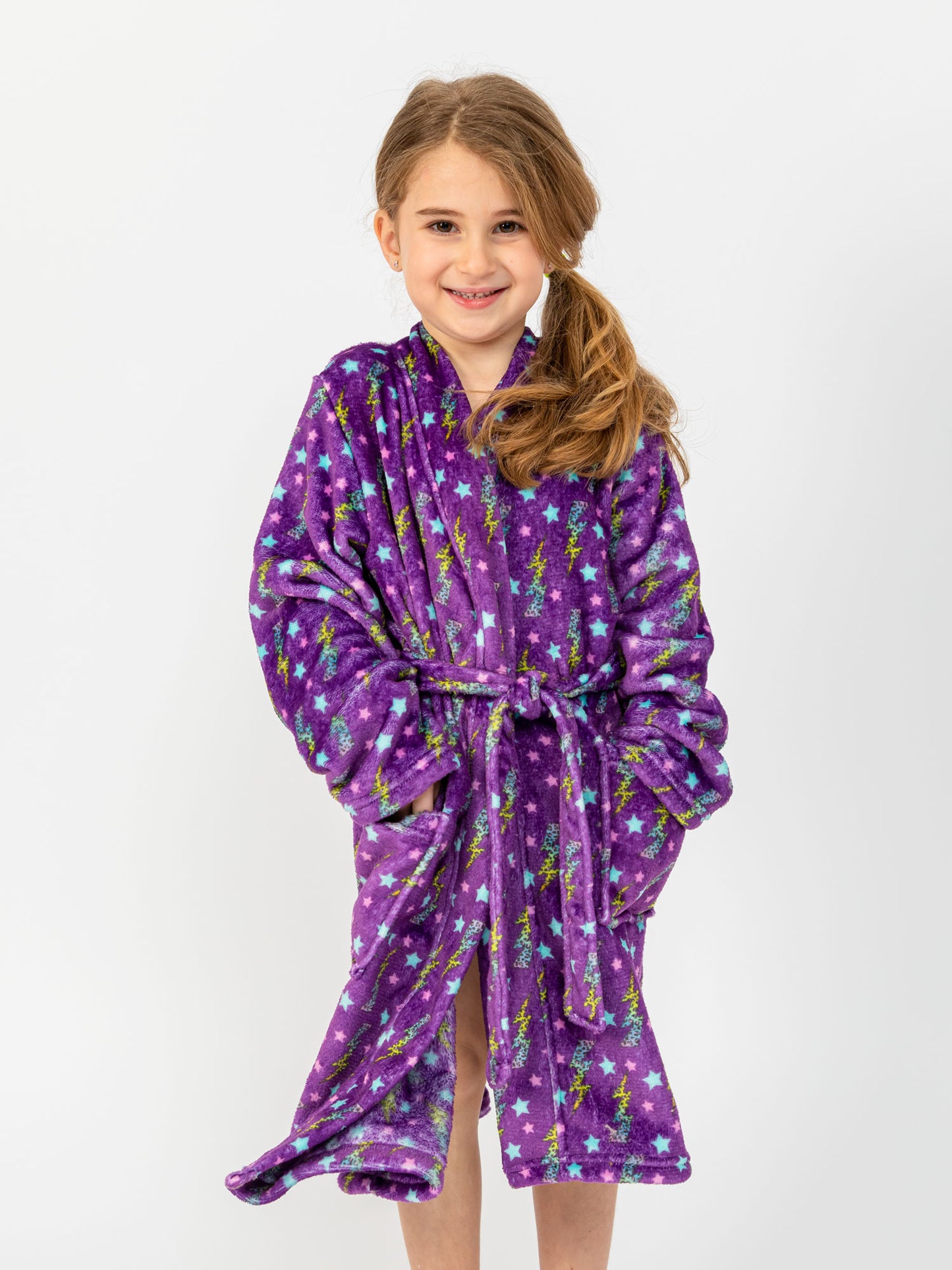 girls purple plush robe in lightning bolt print