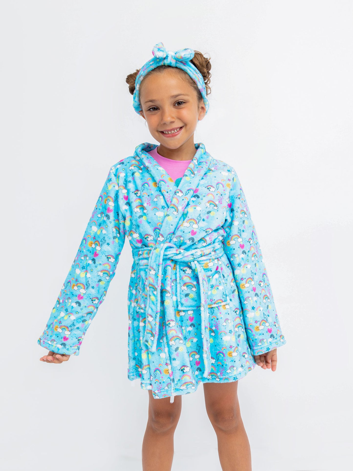 girls blue printed plush bath robe in rainbow print