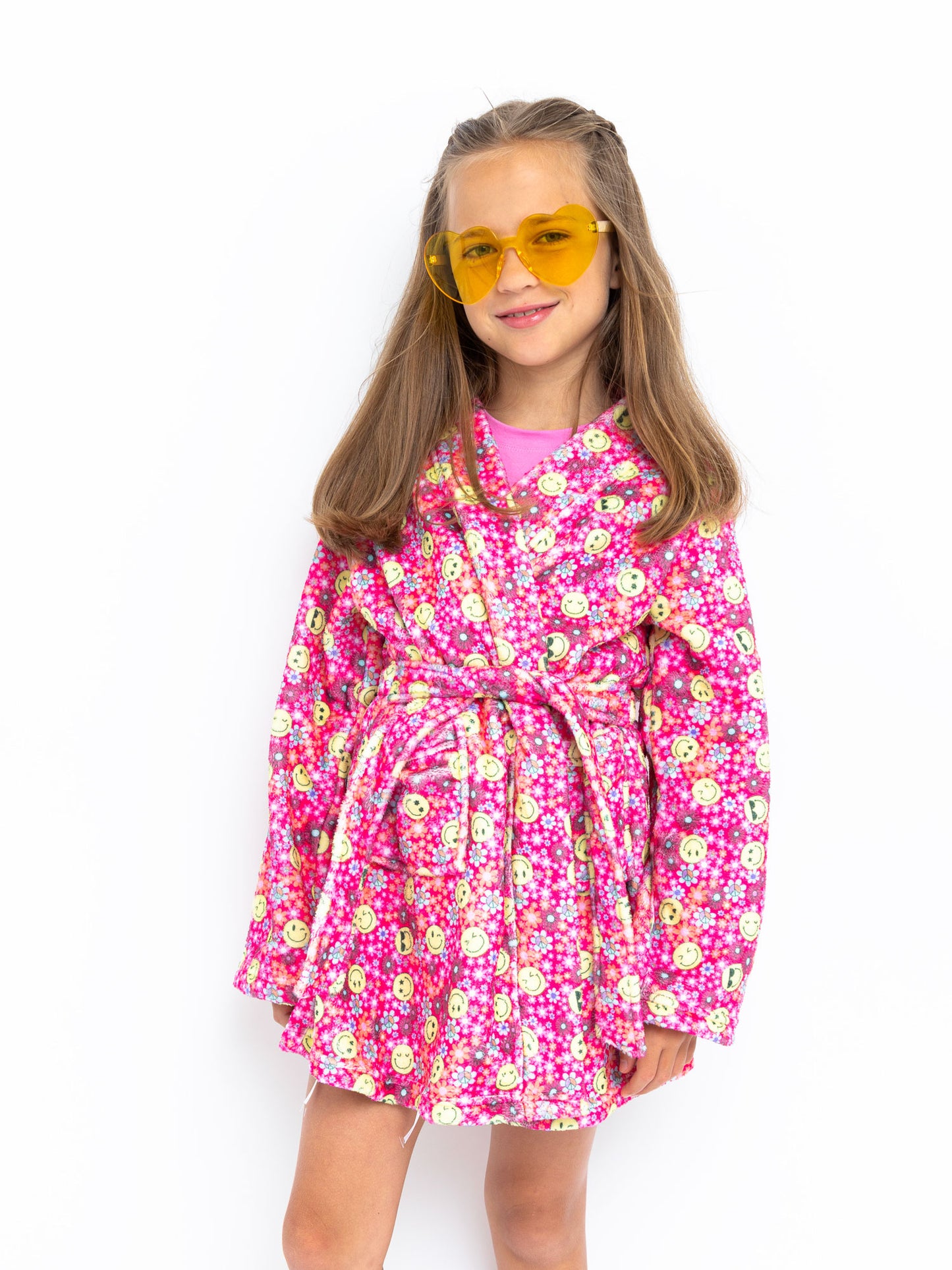 girls pink printed plush bath robe in girly floral smiley face print