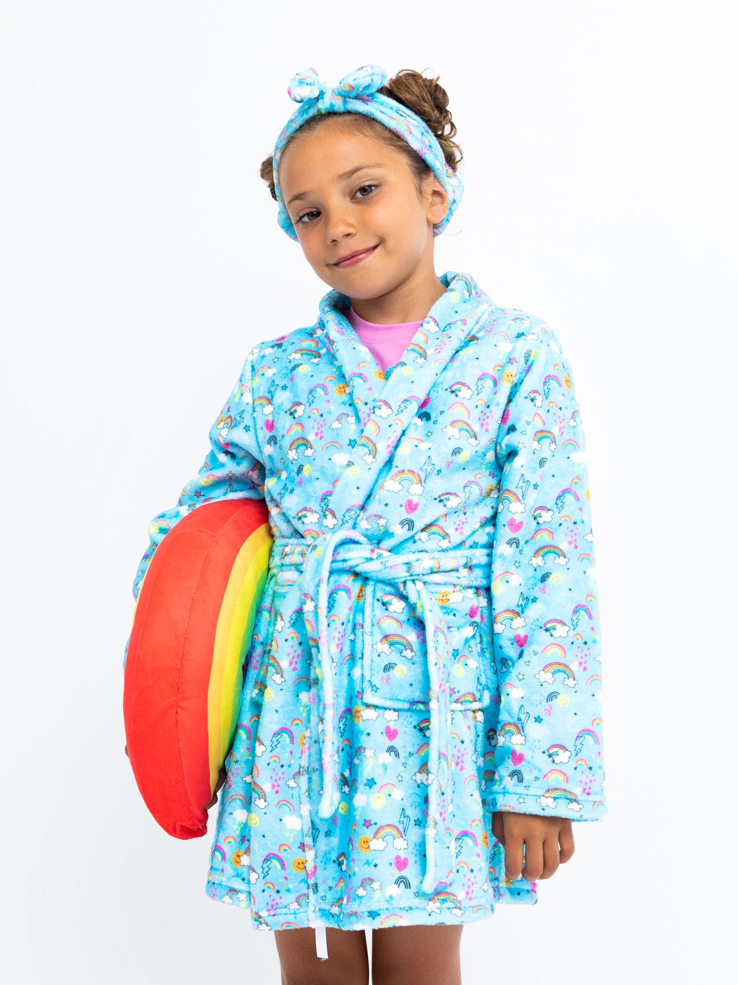 girls blue printed plush bath robe in rainbow print