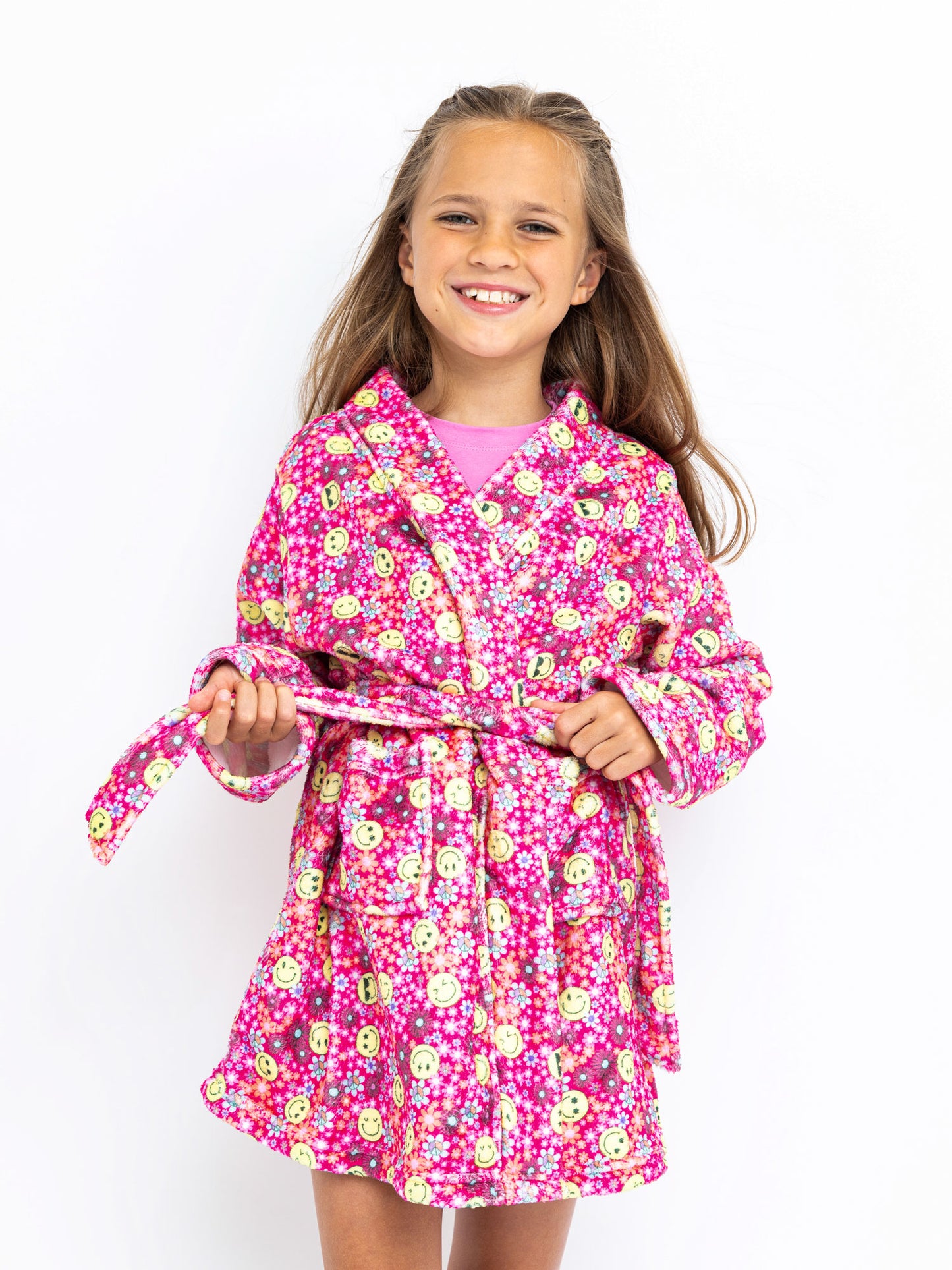 girls pink printed plush bath robe in girly floral smiley face print