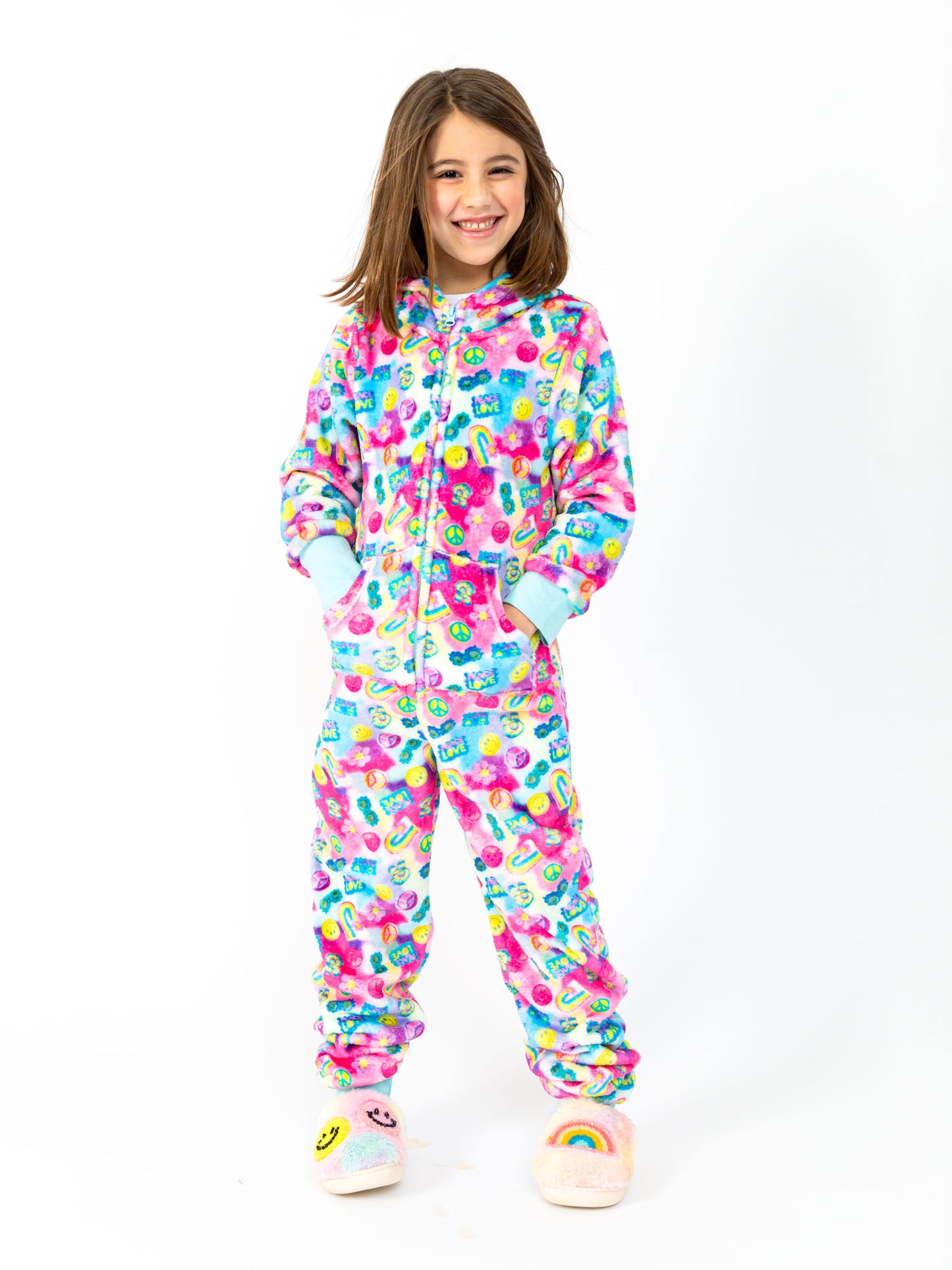 girls plush onesie in multicolor print