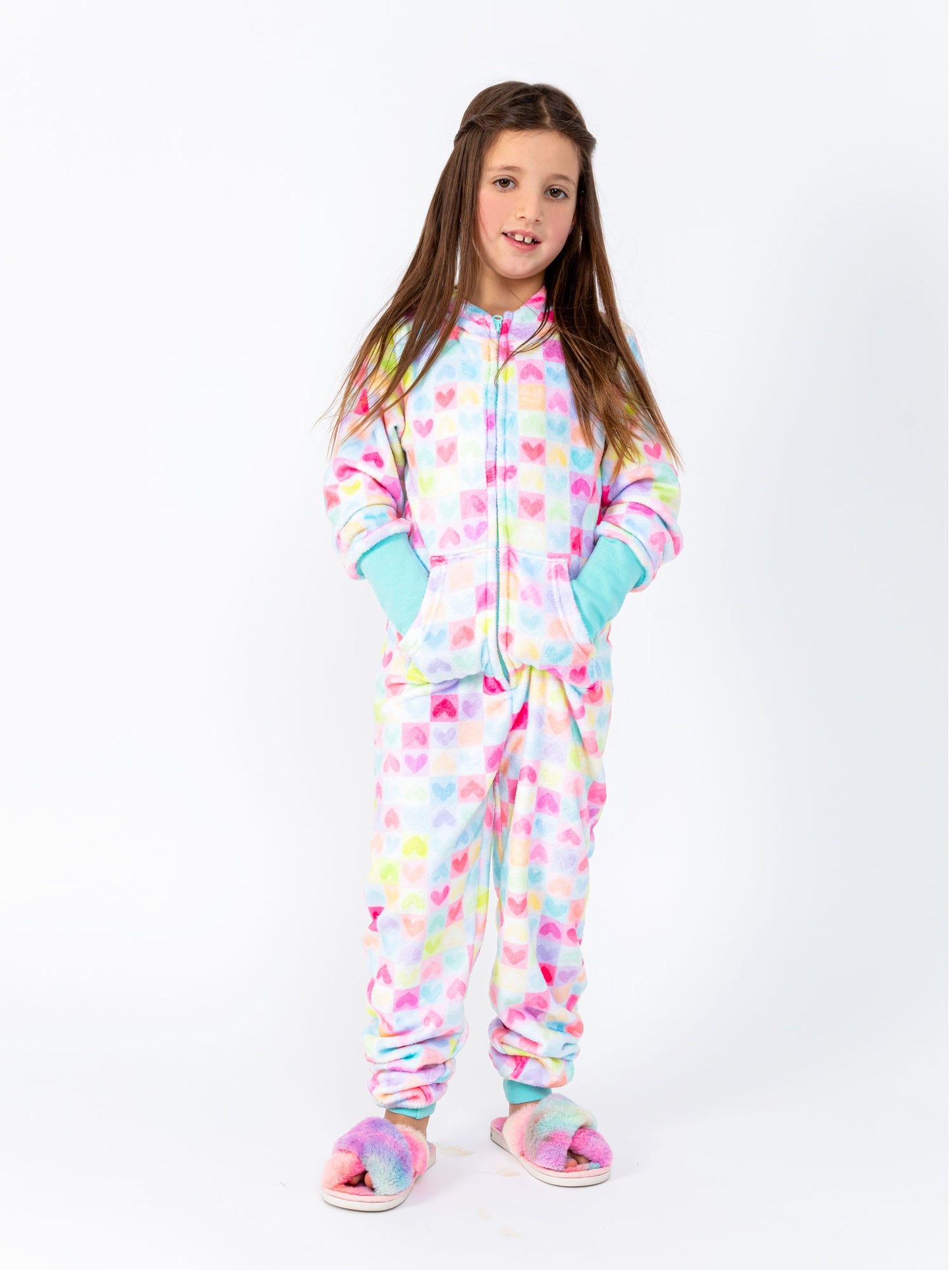girls pastel plush onesie in heart print