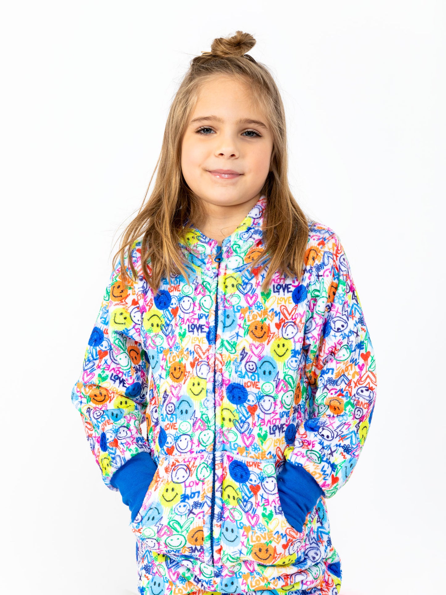 girls plush onesie in multicolor print