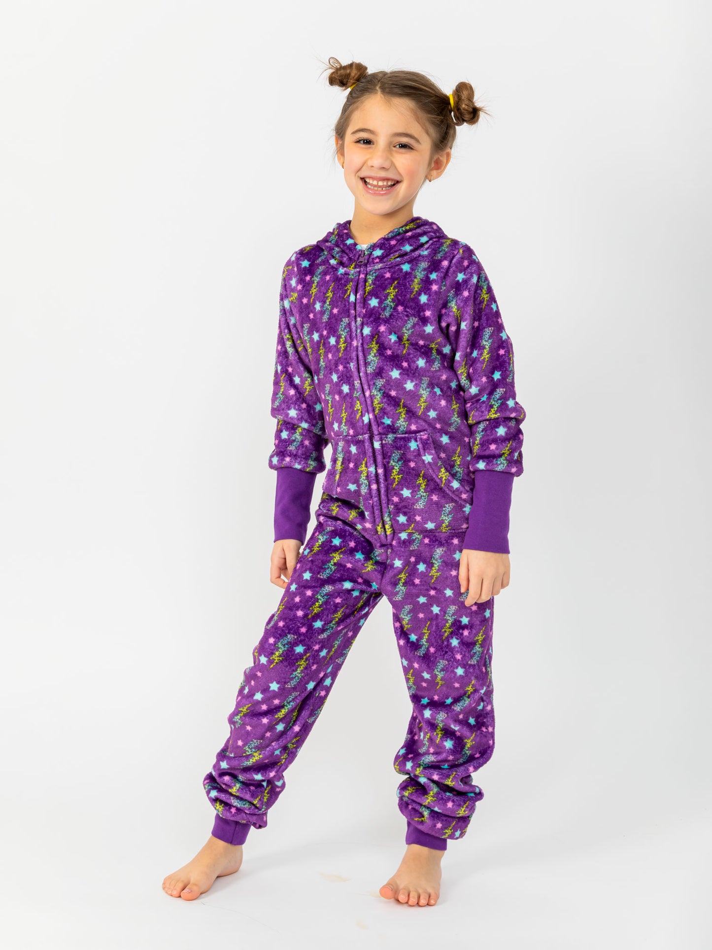 girls purple plush onesie in lightning bolt print