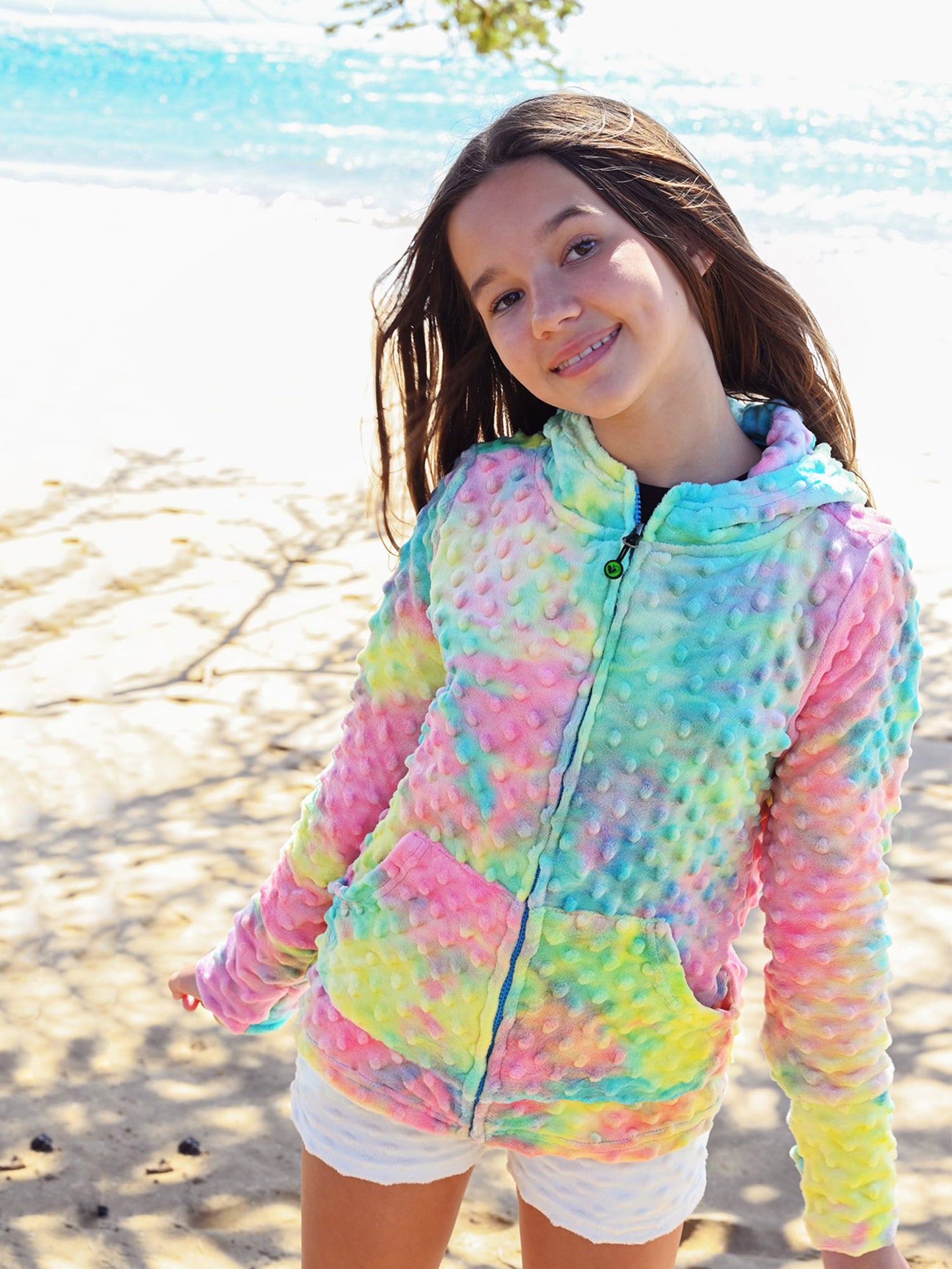 girls minky bubble zip hoodie in blue tie dye