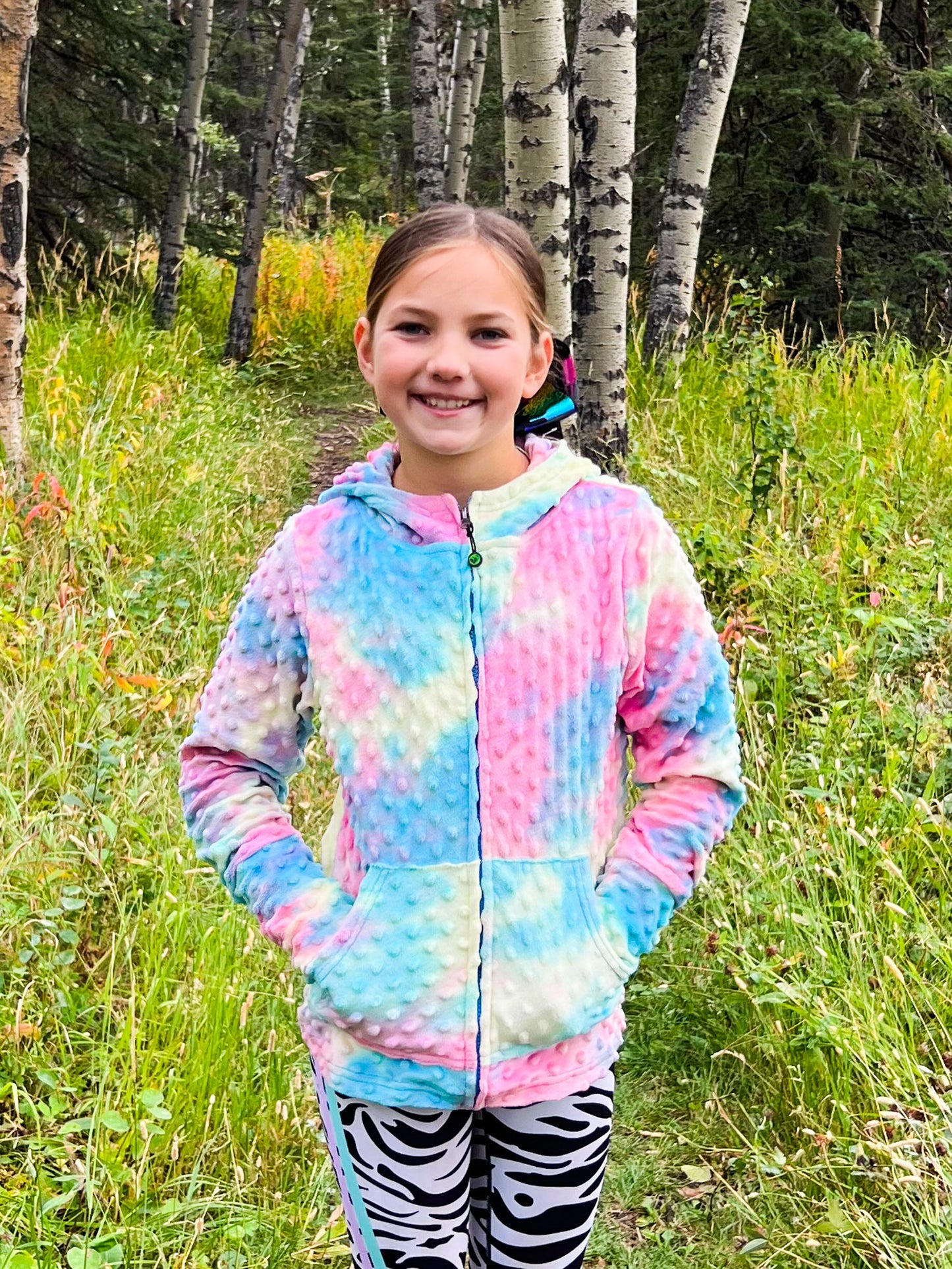 girls minky bubble zip hoodie in cotton candy rainbow tie dye