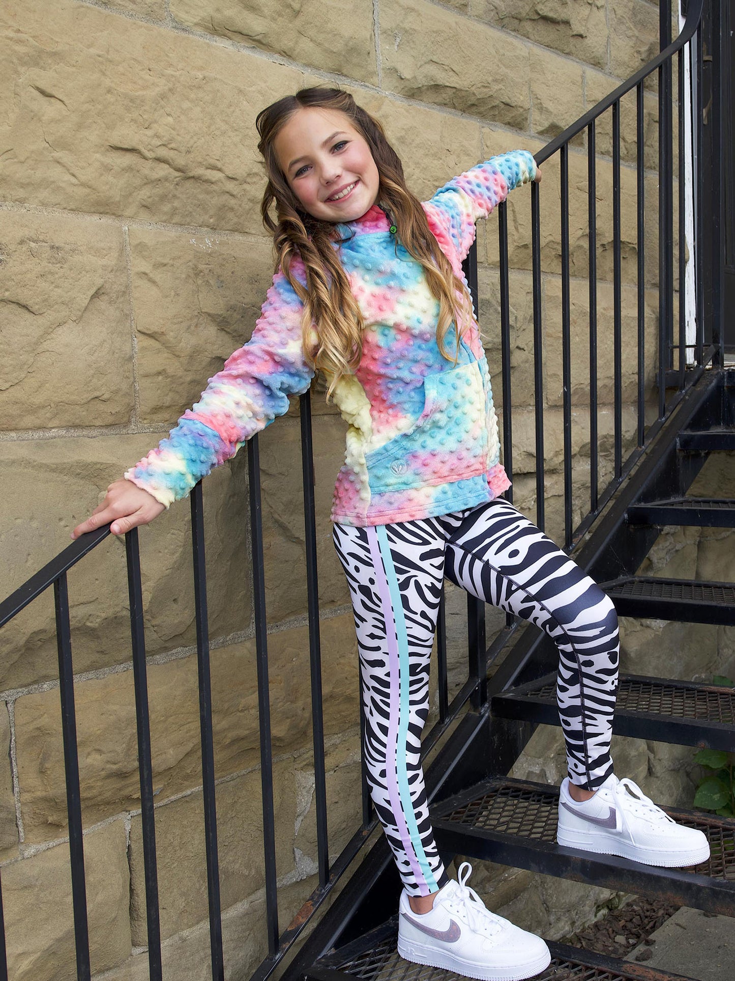 girls minky bubble zip hoodie in turquoise periwinkle tie dye