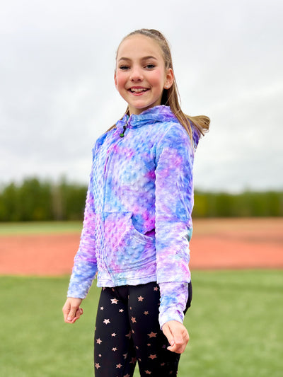 girls minky bubble zip hoodie in blue tie dye