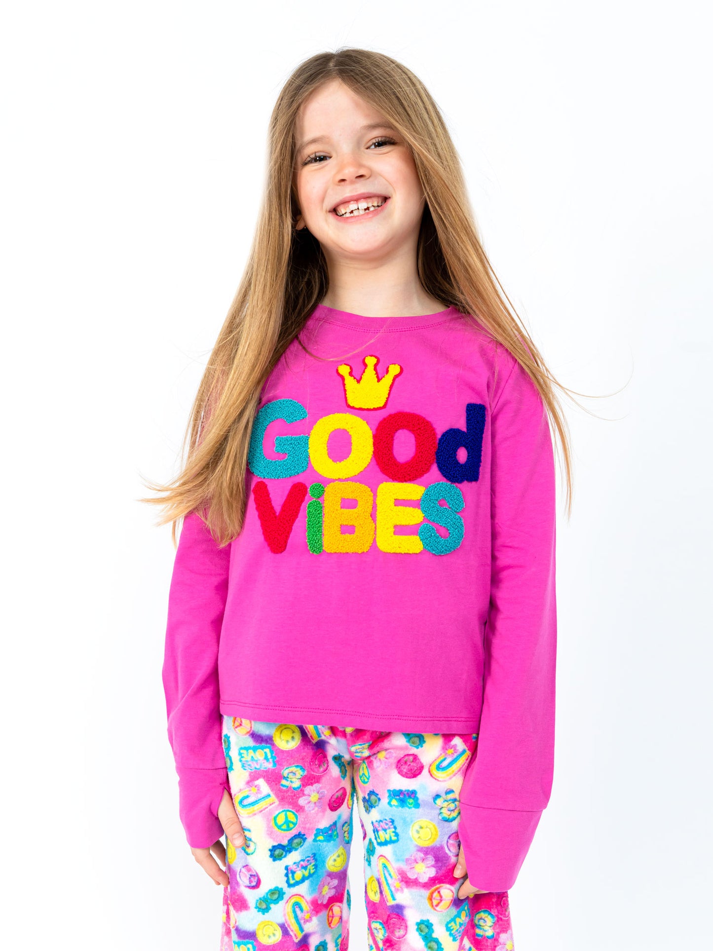 girls long sleeve magenta good vibes graphic t-shirt