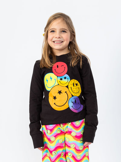 girls long sleeve black smiley faces graphic t-shirt