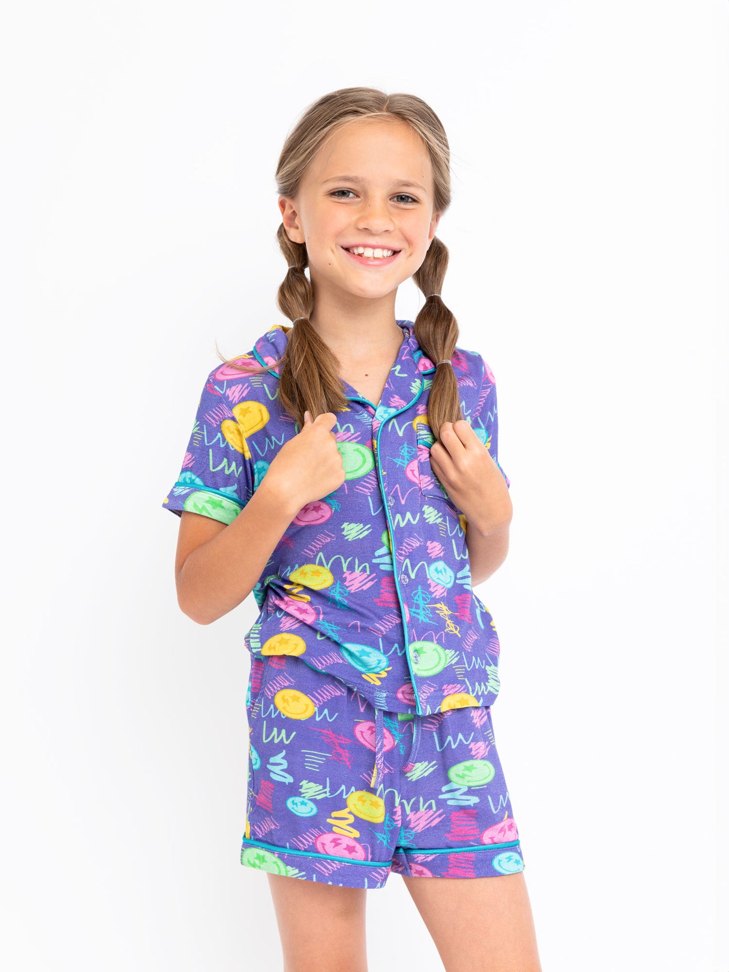 girls purple smiley face print short sleeve pajama short set