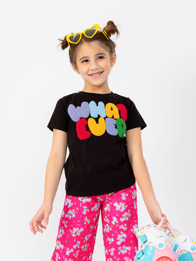 girls black short sleeve whatever graphic t-shirt