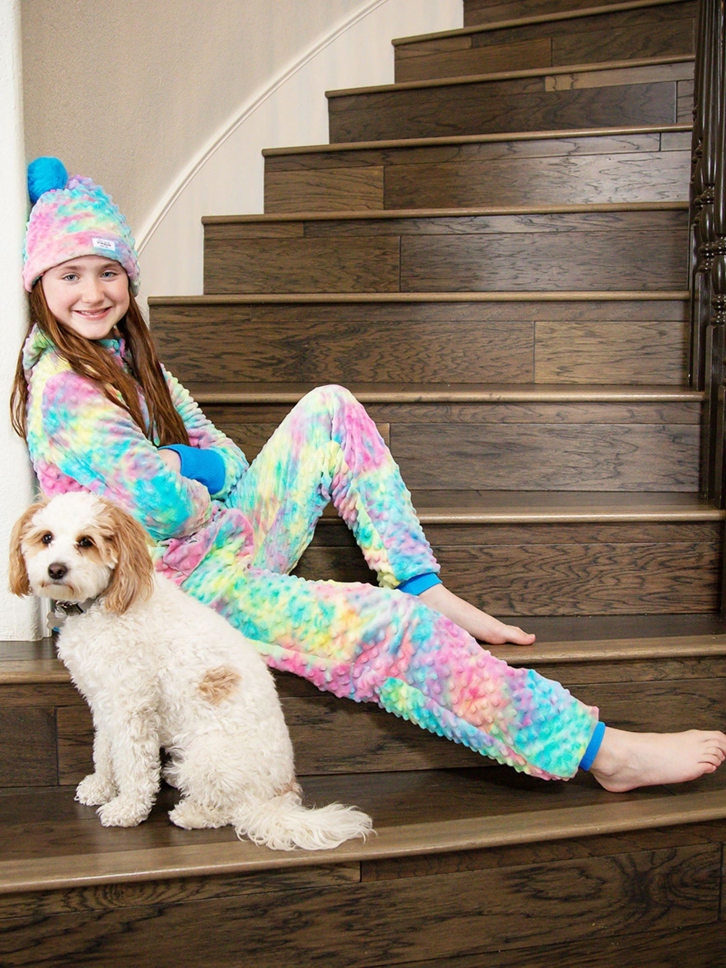 girls minky bubble zip onesie in cotton candy raibow tie dye