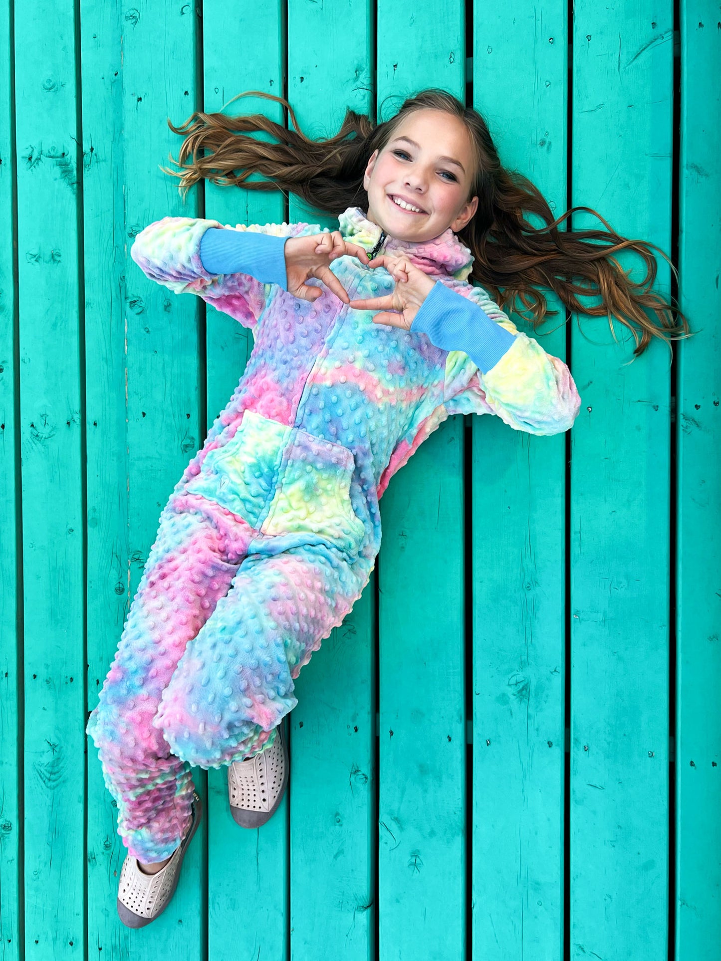 girls minky bubble zip onesie in cotton candy raibow tie dye