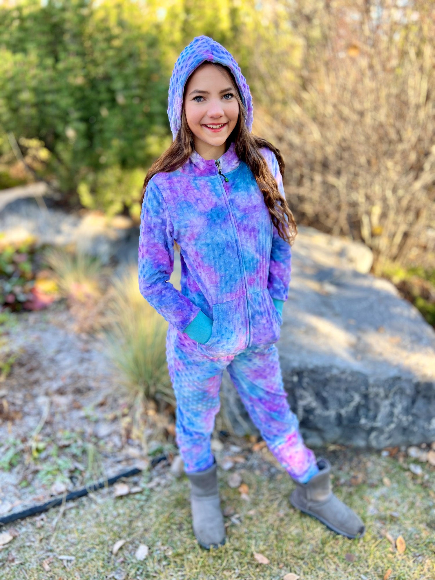 girls minky bubble zip onesie in turquoise periwinkle tie dye