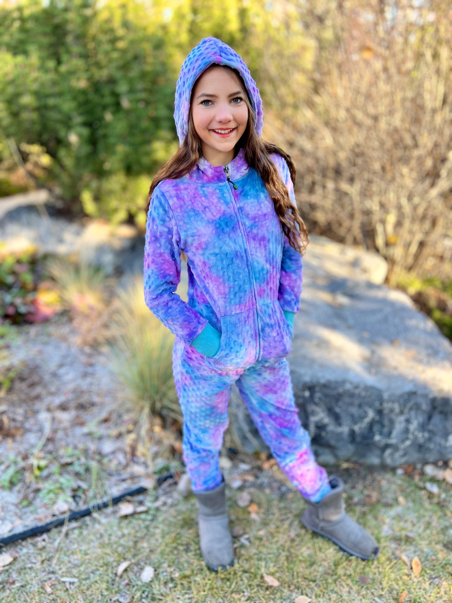 girls minky bubble zip onesie in turquoise periwinkle tie dye