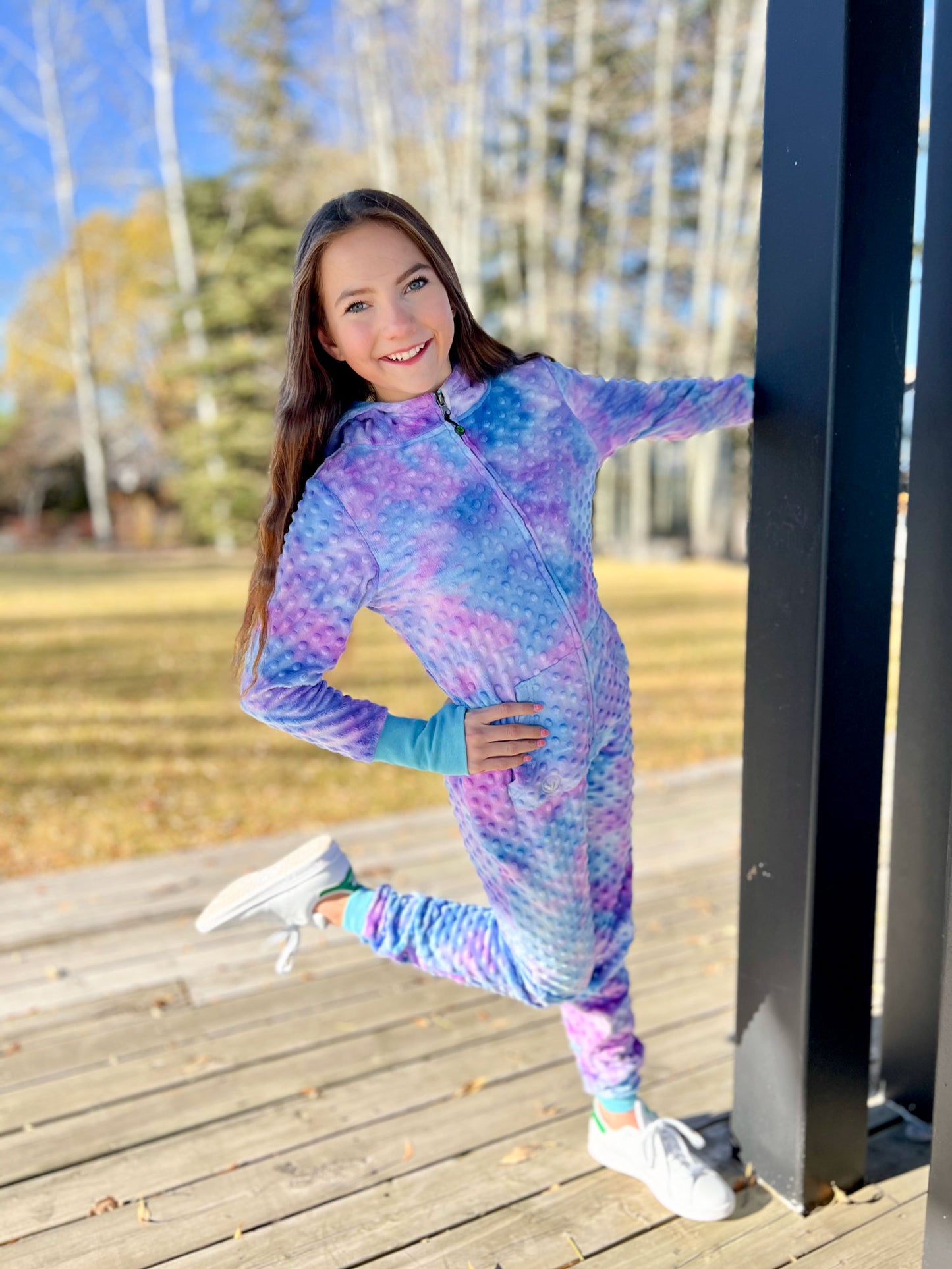 girls minky bubble zip onesie in turquoise periwinkle tie dye