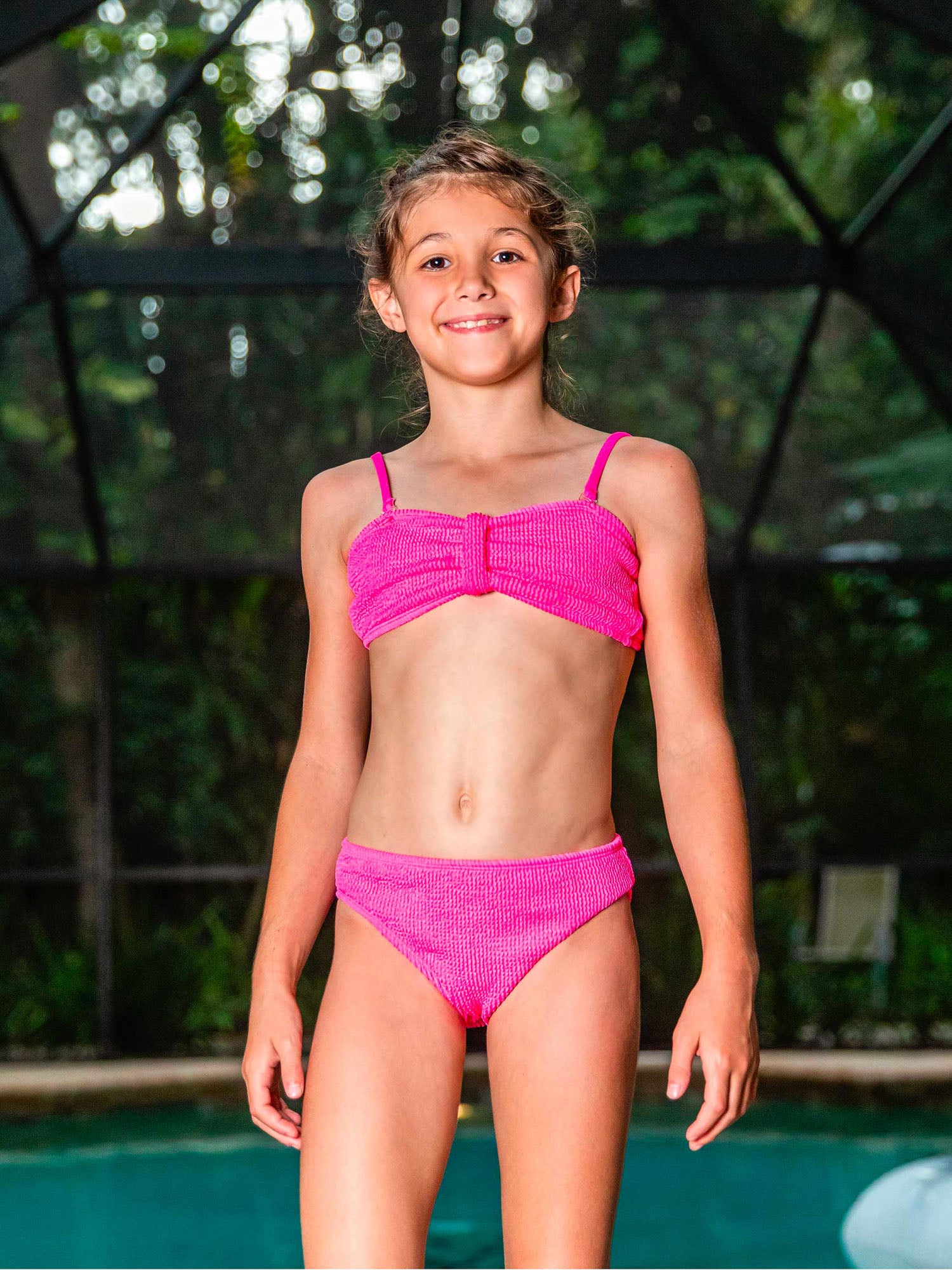 girls fuchsia crinkle two piece bandeau bikini