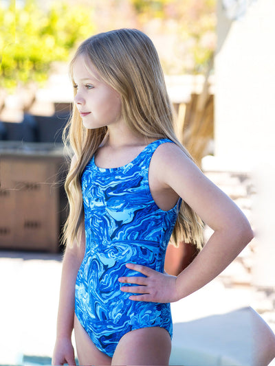 girls blue tie dye one piece swimsuit