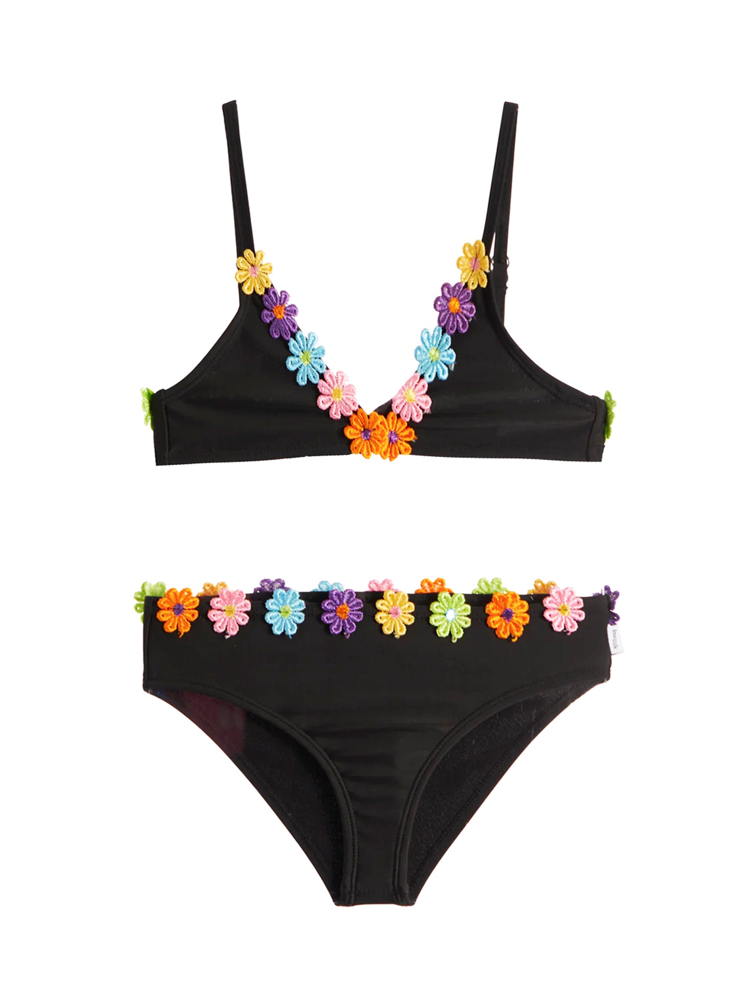 girls black bikini with multicolour floral trim