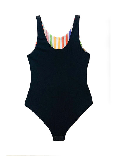 girls reversible printed black rainbow one piece swimsuit