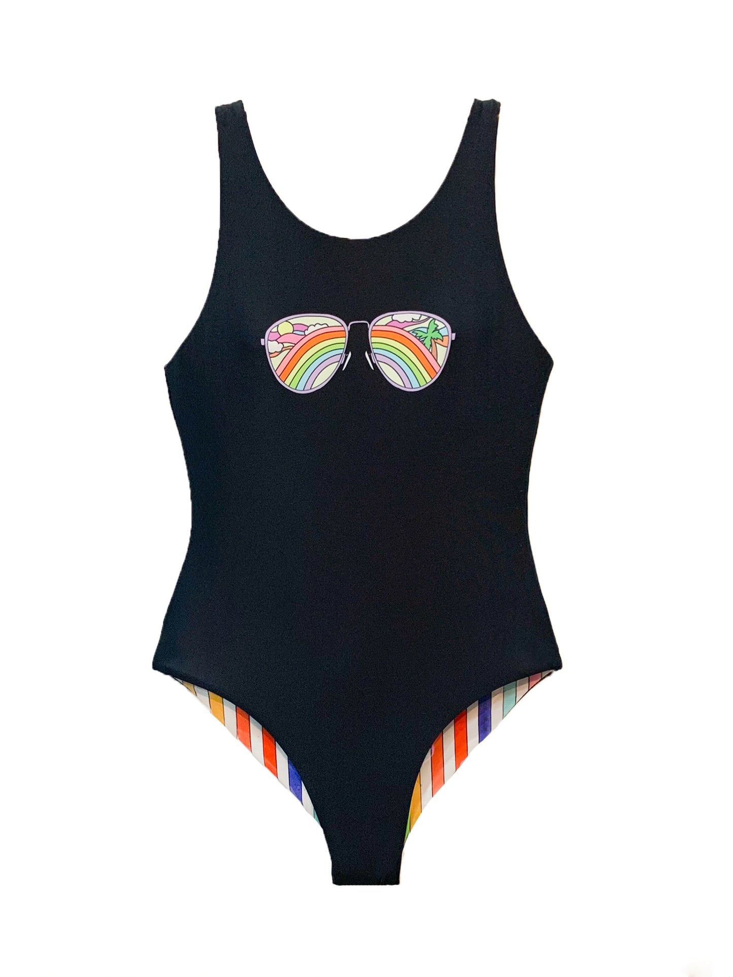 girls reversible printed black rainbow one piece swimsuit