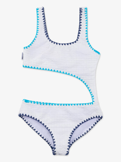 girls white cutout one piece swimsuit with embroidered trim