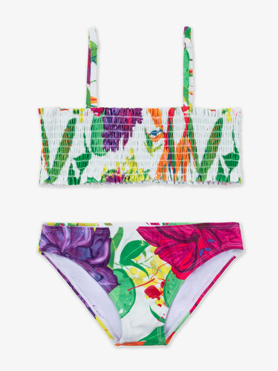 girls tropical printed smocked bikini swimsuit