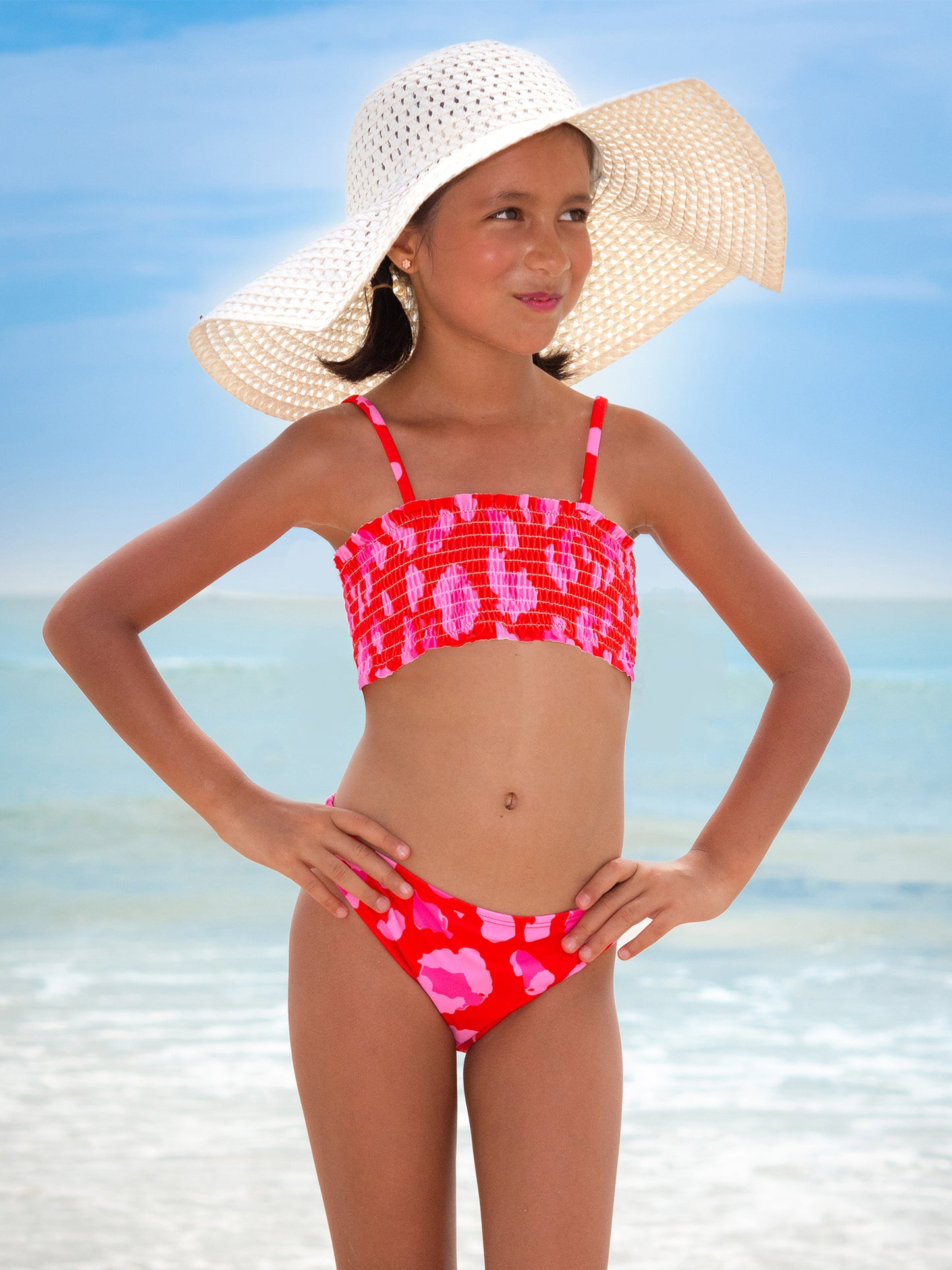 girls red printed smocked tankini two piece swimsuit
