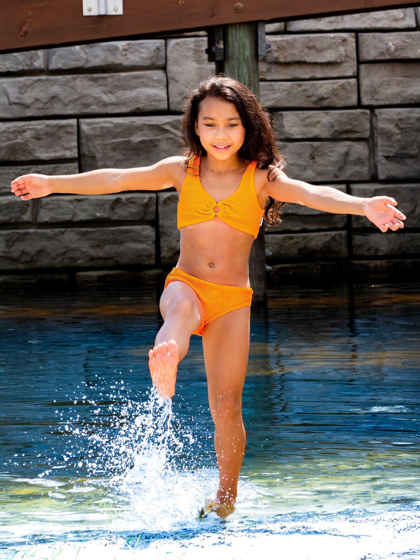 girls crinkle two piece orange bikini swimsuit with ring