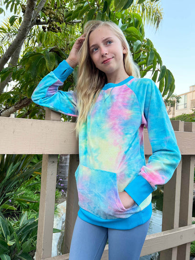 girls minky crewneck sweatshirt in turquoise tie dye