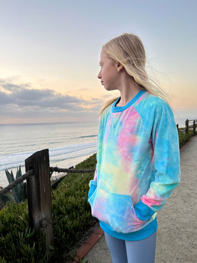 girls minky crewneck sweatshirt in turquoise tie dye