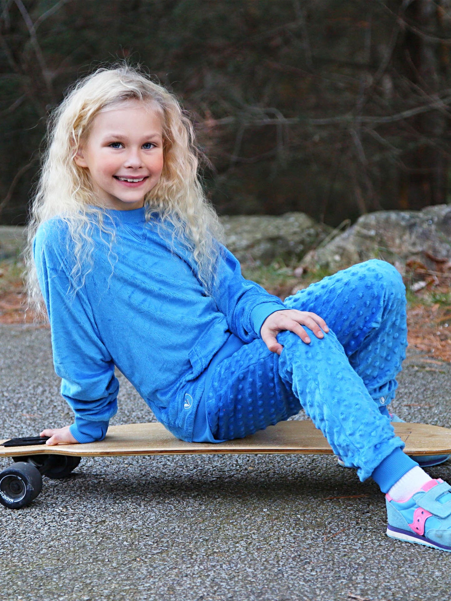 girls blue minky zip hoodie and jogger pant set