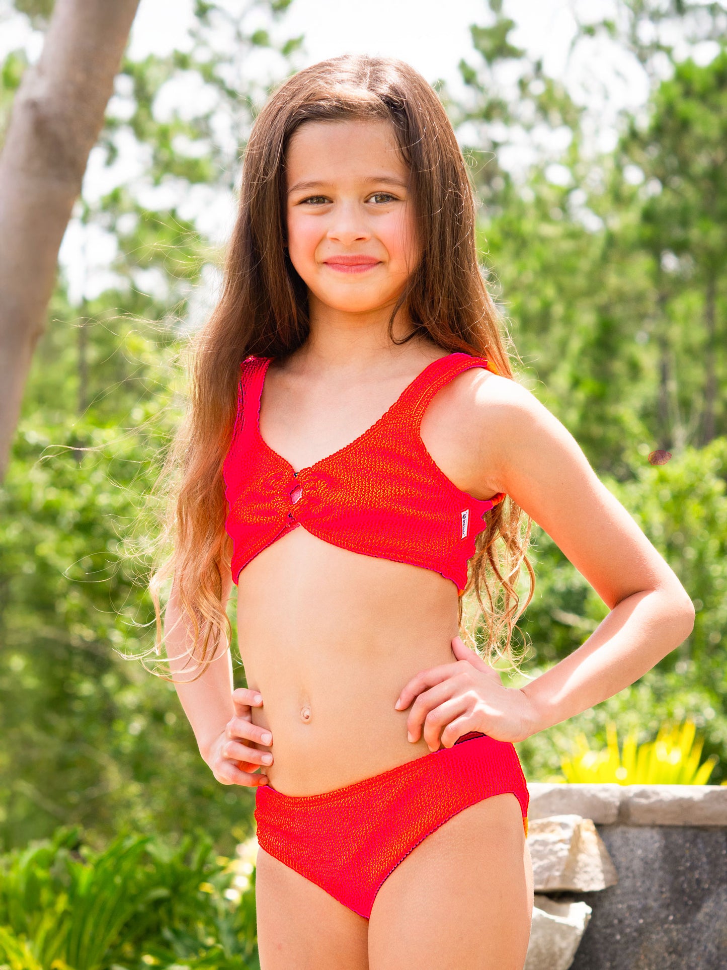 girls crinkle two piece red bikini swimsuit with ring