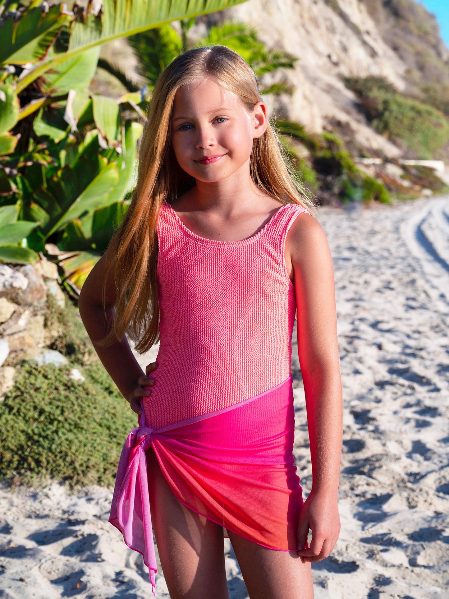 girls fuchsia tie dye sarong mesh wrap skirt swim coverup