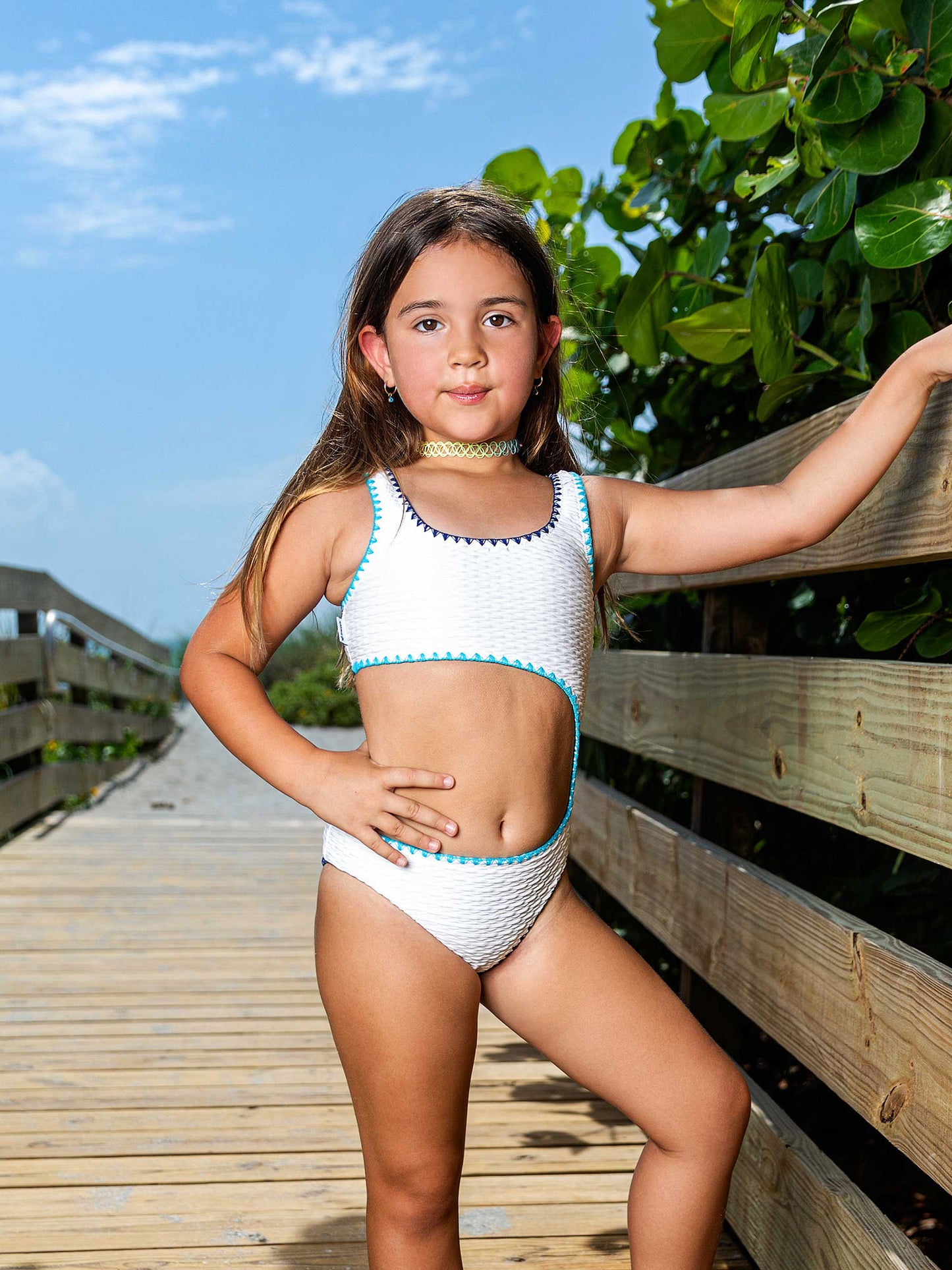 girls white cutout one piece swimsuit with embroidered trim