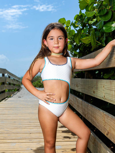 girls white cutout one piece swimsuit with embroidered trim