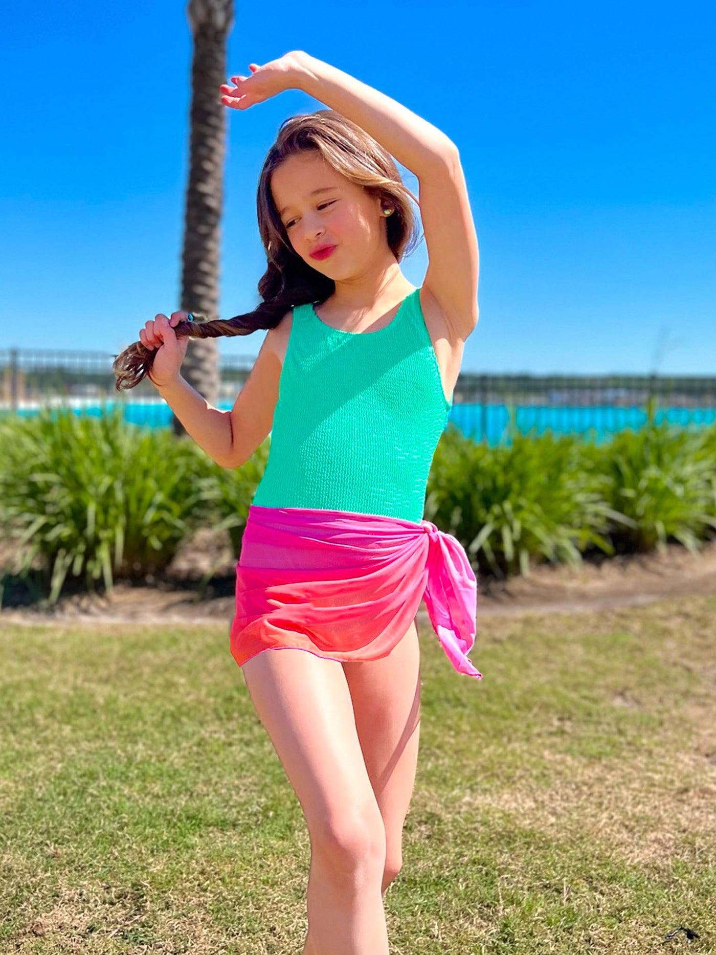 girls fuchsia tie dye sarong mesh wrap skirt swim coverup