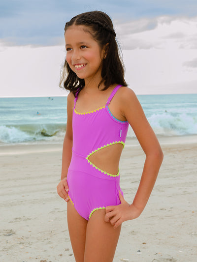 girls orchid cutout one piece swimsuit with embroidered trim
