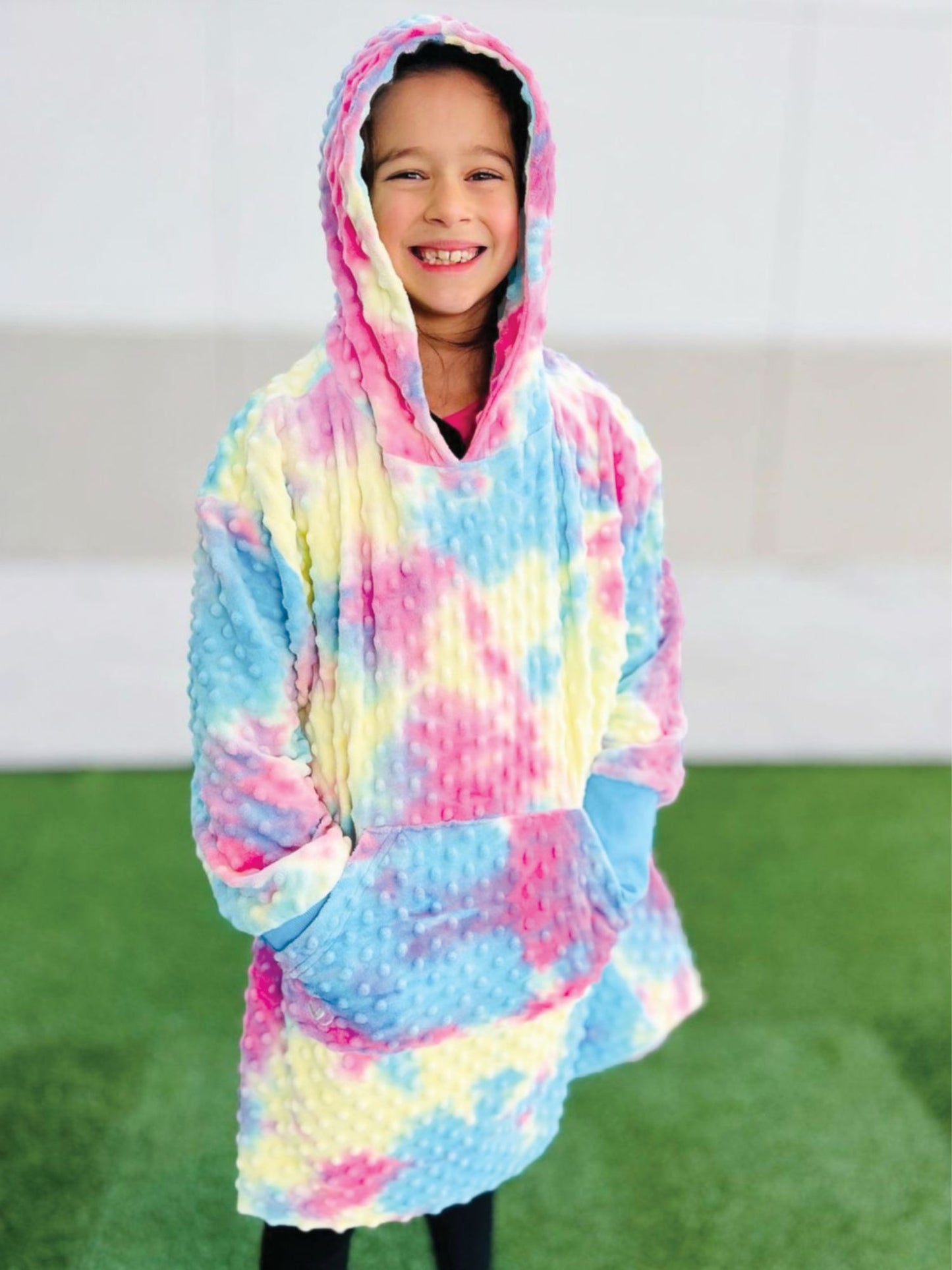 girls oversize minky bubble hoodie in turquoise tie dye