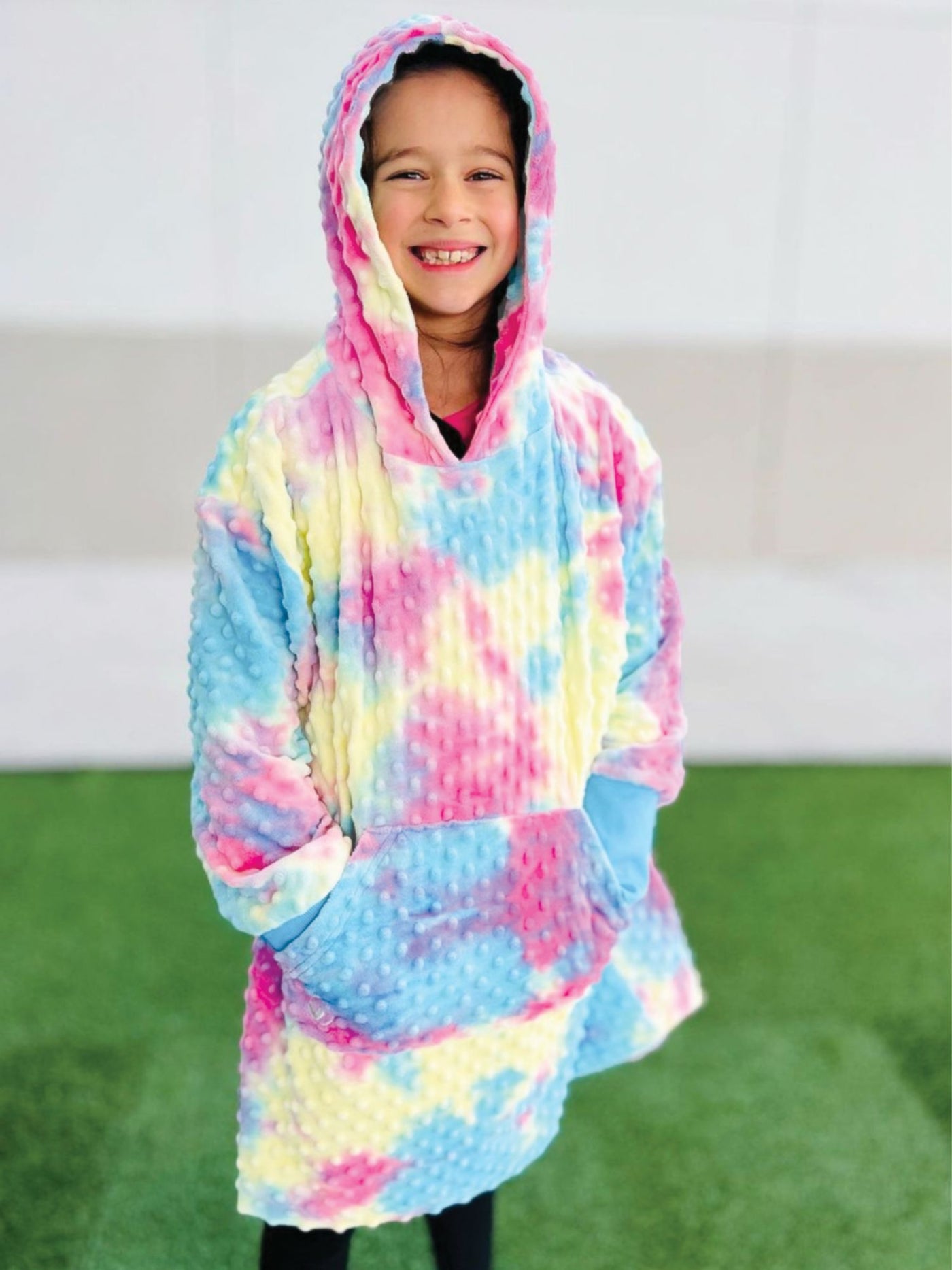 girls oversize minky bubble hoodie in turquoise tie dye
