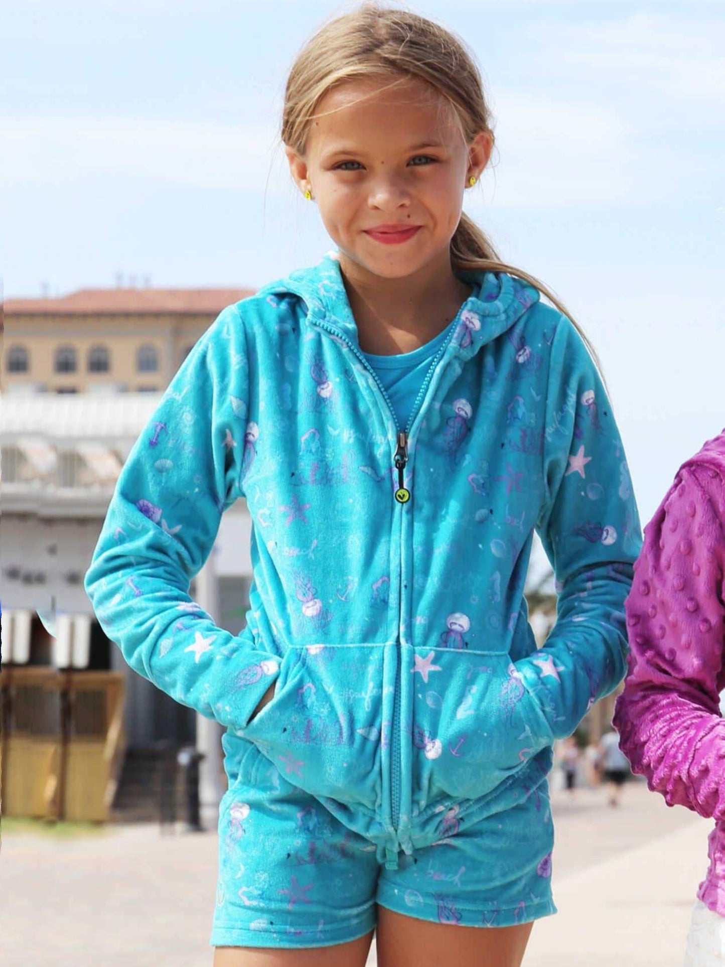 girls printed minky blue shorts