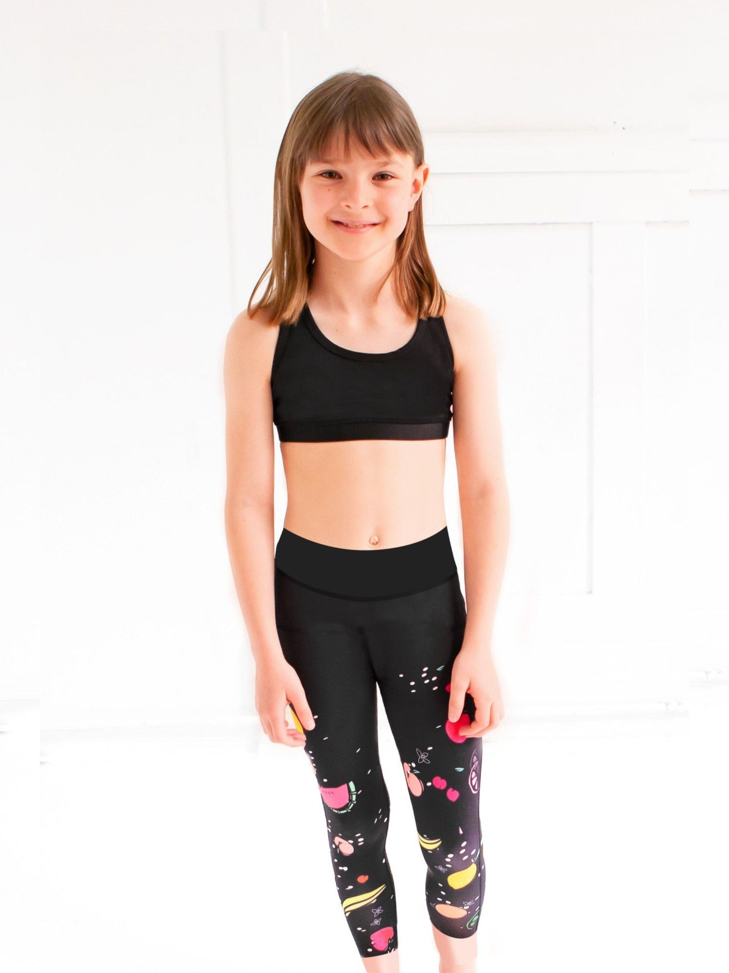 girls black fruit printed activewear capri leggings