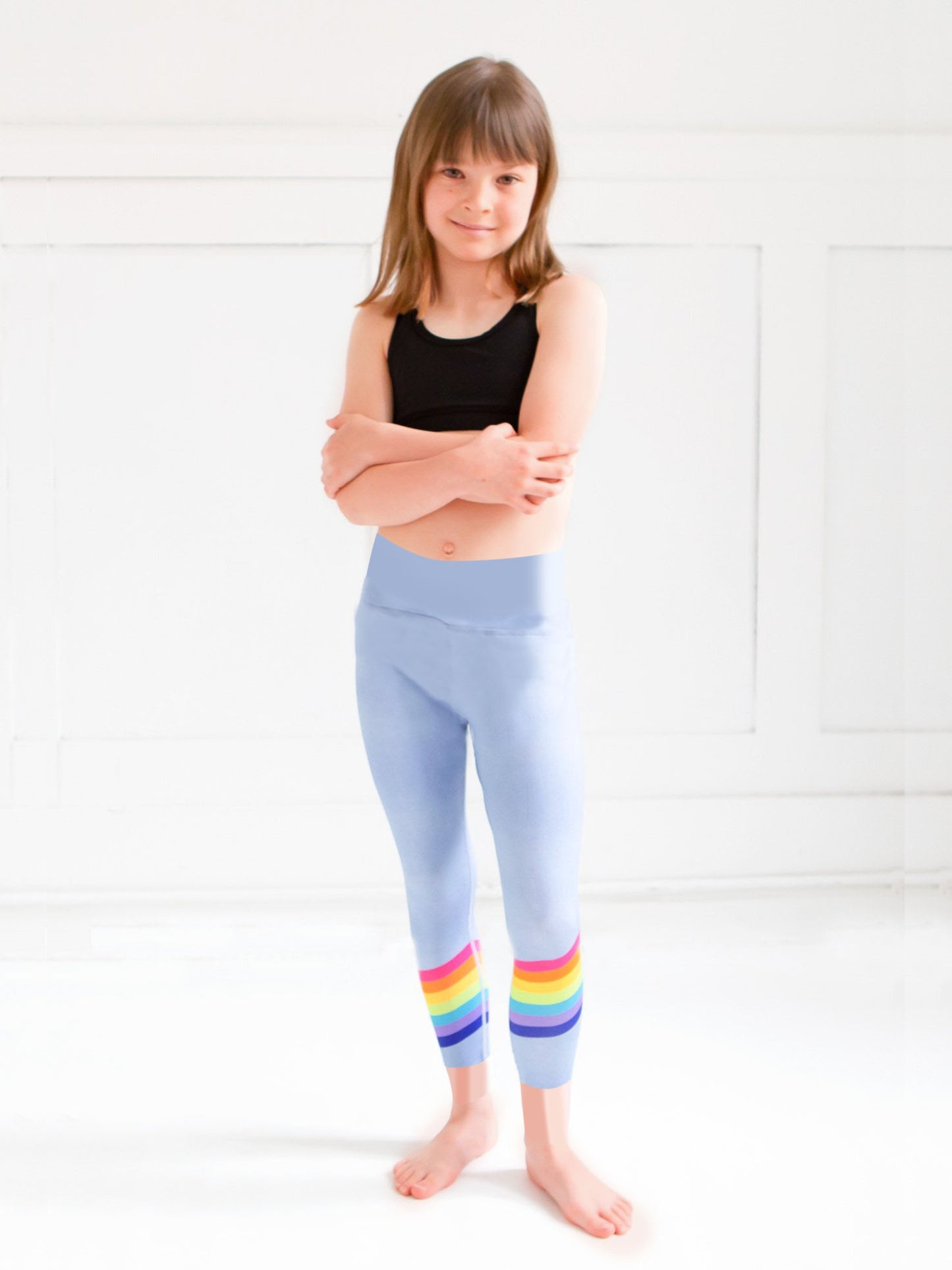 girls blue rainbow printed activewear capri leggings
